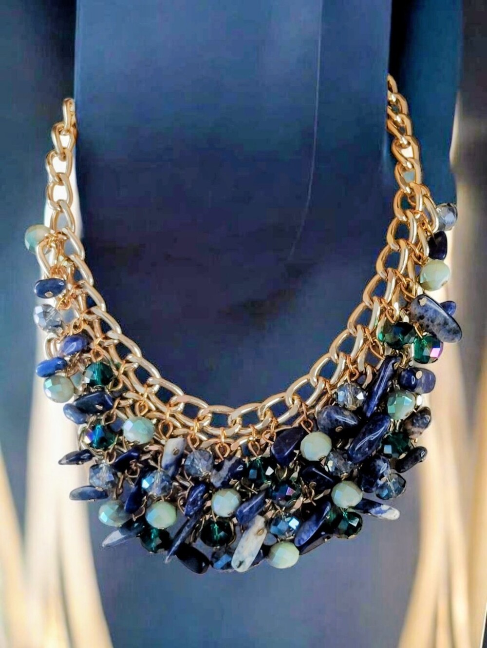 19" Gold Mesh Chain Link Necklace with Sparkling Navy Blue and Emerald Beads